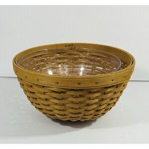 Longaberger Woven Bowl Basket 9” Round Handwoven Brown Retired Wood Base